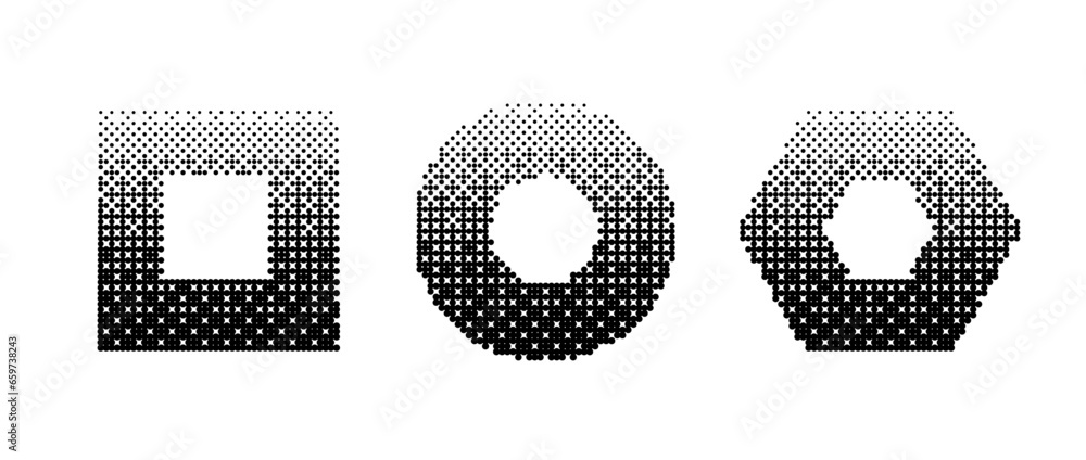 Poster Geometric frames bitmap set. Dither gradient shapes collection. Ring, square, hexagon elements design elements for poster, banner, collage, booklet, brochure. Abstract pixelated shapes pack. Vector