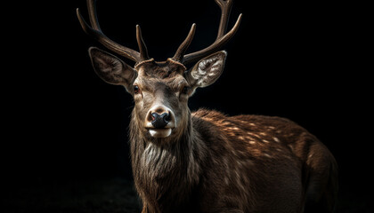 Stag, horned and majestic, stands alone in the forest generated by AI
