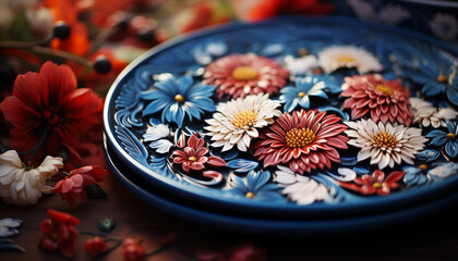 Floral pattern adorns antique pottery, celebrating the beauty of nature generated by AI