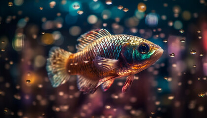 Multi colored siamese fighting fish swims in glowing underwater paradise generated by AI