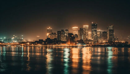 Fototapeta premium The futuristic city skyline glows with multi colored lights at night generated by AI