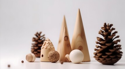 wooden xmas trees, house and pine cones on white background. Modern sustainable christmas decoration, minimalist and plastic free.