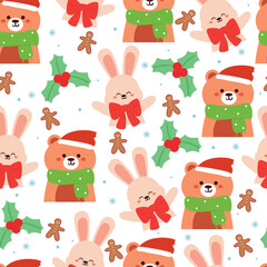 Fototapeta premium seamless pattern cartoon bunny and bear in christmas day. cute christmas wallpaper for gift wrap paper