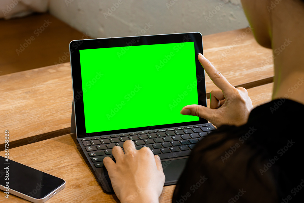 Poster woman using laptop computer working from home. blank screen notebook green monitor. technology and l