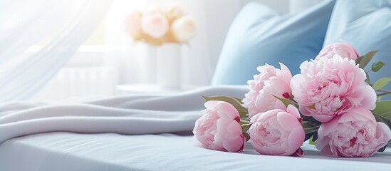 Modern design bedroom with a cozy interior including pink and blue colors and a bouquet of peonies - Powered by Adobe