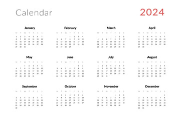 2024 Annual Calendar template. Vector layout of a wall or desk simple calendar with week start Monday. Calendar design in black and white colors, holidays in red colors.