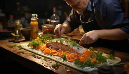 Grilled fish fillet with fresh vegetables, a gourmet healthy meal generated by AI