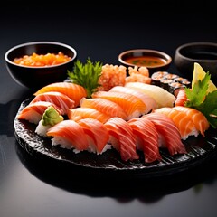 Assorted sushi sashimi with soy sauce and wasabi