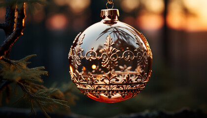 Winter celebration  Ornate Christmas tree decor, glowing gift, illuminated sphere generated by AI