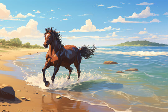 anime style scenery background, a horse on the beach