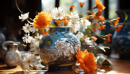 Vase, flower, decoration, table, nature, wood, pottery, indoors, jug, bouquet generated by AI