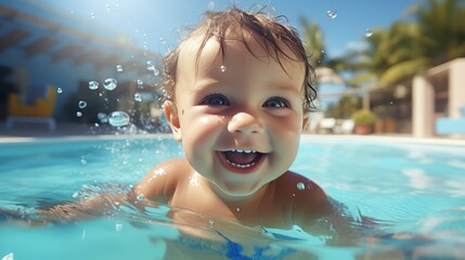 Fototapeta na wymiar Clear day, Happy baby have fun in swimming pool. toddler swimming under water, Funny child swim, dive in pool deep down underwater from poolside. Healthy lifestyle, people water sport activity