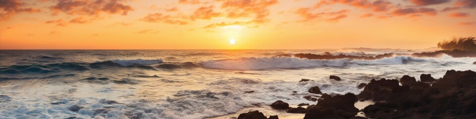 Fototapeta premium Sunset cuts the horizon Beach with foamy waves, volcano background with natural light
