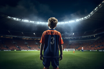 Epic night at stadium with young child soccer player standing ready on field, back to camera - obrazy, fototapety, plakaty