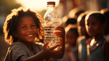 Smiling African child holds a bottle of clean water. The problem of shortage of clean water crisis in Arican countries - obrazy, fototapety, plakaty