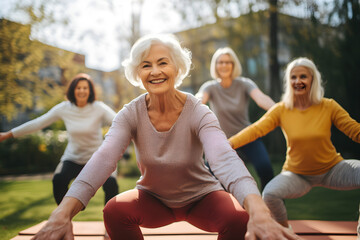 Sporty senior women doing exercise in garden during group training - Mature female exercising hands and knees balance outside - Healthy life style - Powered by Adobe