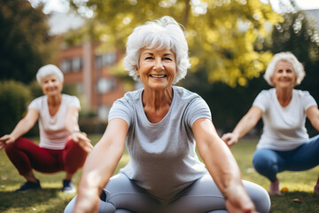 Sporty senior women doing exercise in garden during group training - Mature female exercising hands and knees balance outside - Healthy life style - obrazy, fototapety, plakaty