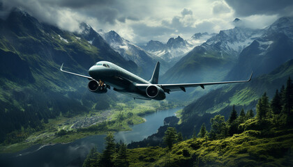 Fototapeta premium Flying commercial airplane over mountain range, exploring nature beauty in motion generated by AI