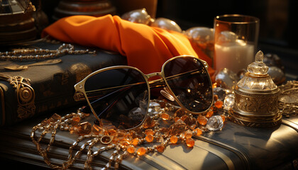 Sunglasses, fashion, elegance, shiny, luxury, gold, eyeglasses, metal, glass, reflection generated by AI