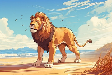 anime style scenery background, a lion on the beach - obrazy, fototapety, plakaty