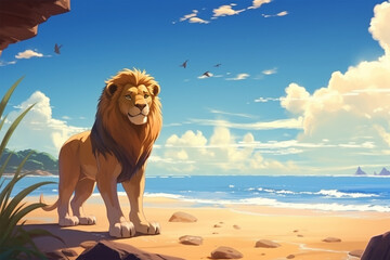 anime style scenery background, a lion on the beach