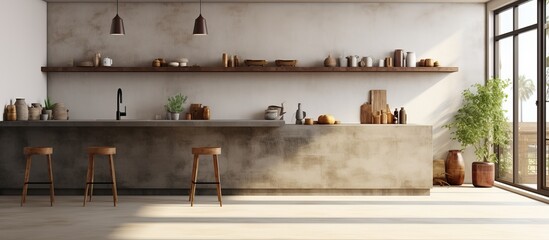 Minimalist design shown in ing Kitchen with island barstools white wall concrete floor shelves and panoramic window