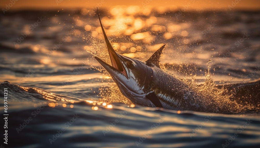 Sticker sharp teeth of playful mammal in back lit seascape adventure generated by ai