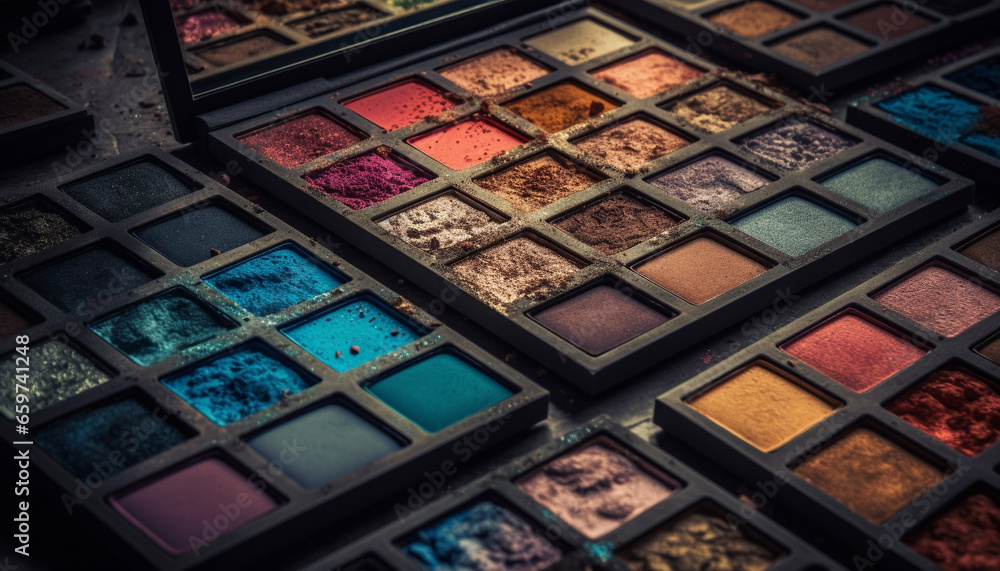 Poster a vibrant palette of eye shadows in a shiny container generated by ai