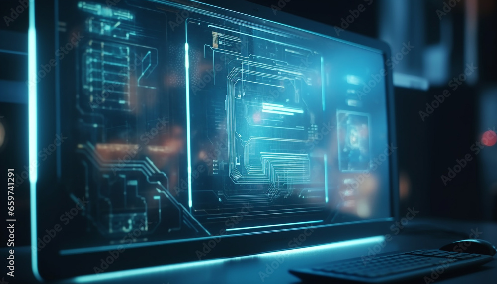 Poster futuristic computer lab with glowing equipment and robotic arm generated by ai