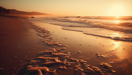 The tranquil scene of the wet waters edge at dusk generated by AI