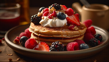 A stack of homemade blueberry pancakes with raspberry syrup drizzle generated by AI