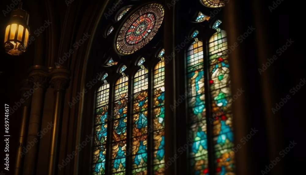 Poster medieval basilica with illuminated stained glass and gothic architecture generated by ai