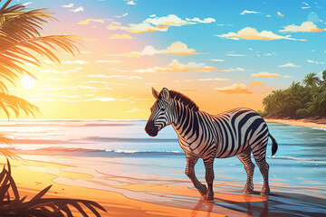 Fototapeta na wymiar anime style background, a zebra on the beach