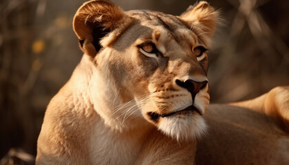 Close up portrait of majestic lioness, alertness in her eyes generated by AI