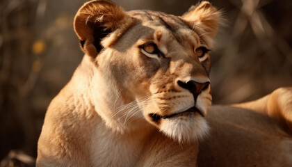 Obraz premium Close up portrait of majestic lioness, alertness in her eyes generated by AI