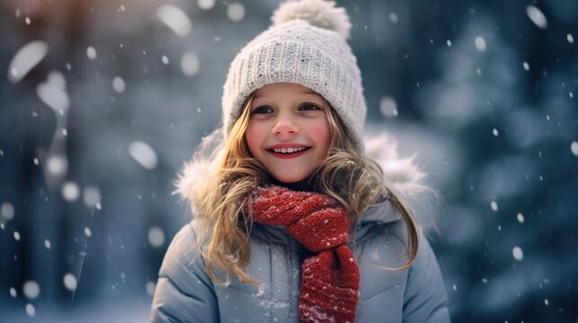 A portrait of little girl wearing wool hat enjoyed with snow in winter season and celebrate for Christmas. Generative Ai