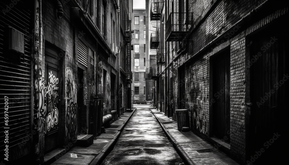 Poster abandoned building feature in run down ghetto, a vanishing point generated by ai