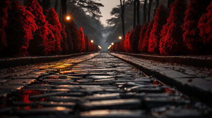 Cobblestone path - mountain resort - trees - lights - Christmas - -holiday - design - festive decorations - low angle view - worm’s eye view