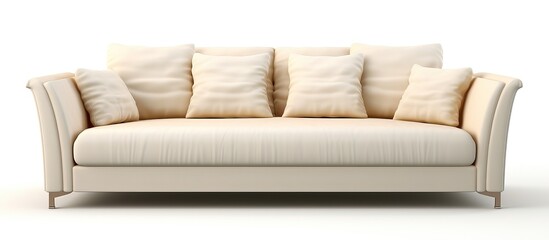 Modern beige couch with pillows isolated seen from a 20 degree side angle in white background