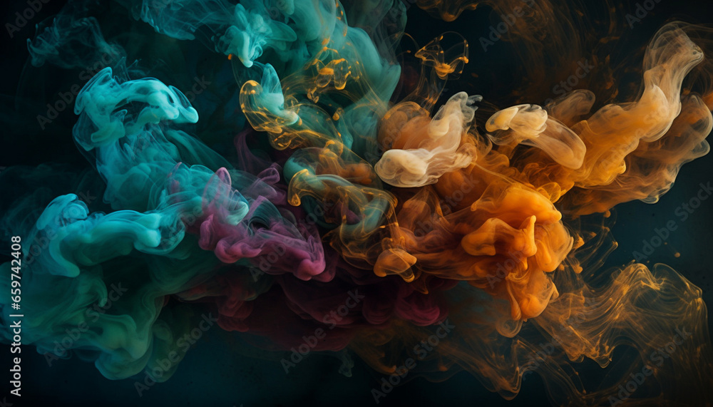 Poster smooth curves of abstract fractals in vibrant colors mix fluidly generated by ai