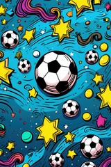 Football Doodle Art Illustration for Merchandise Clothing, Fashion Textile, Soccer Sport Clothes Design Printing, Street Art Graffiti Pattern, Colorful Abstract Background