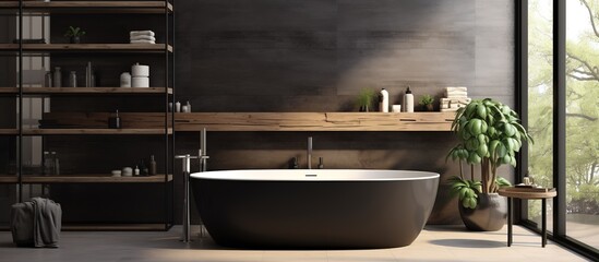 mock up of Scandinavian style luxury bathroom with black tile walls white floor wooden bathtub shelf and panoramic window