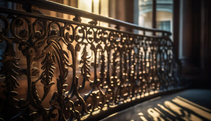 The ornate wrought iron balcony railing exudes elegance and history generated by AI - obrazy, fototapety, plakaty