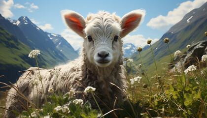 Cute young lamb grazing in green meadow, surrounded by nature generated by AI - obrazy, fototapety, plakaty