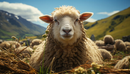Fototapeta premium Cute young lamb grazing on green meadow in rural landscape generated by AI