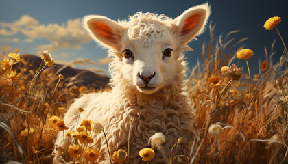 Obraz premium Cute young animals grazing on green meadow in rural landscape generated by AI