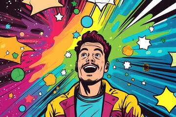 Pop Art Man Comic Illustration, Portrait of Male Retro 90s Style, Human Street Art Graffiti Pattern, Colorful Abstract Background.