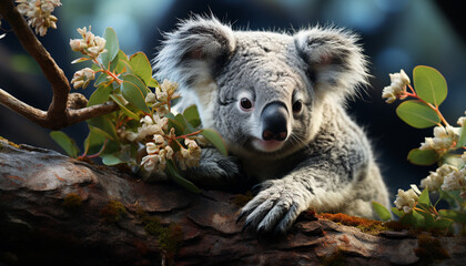 Cute koala sleeping on a eucalyptus tree branch, peaceful and fluffy generated by AI
