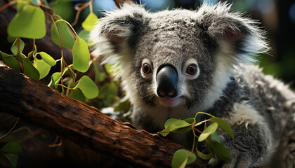 Cute koala looking at camera on tree branch in forest generated by AI