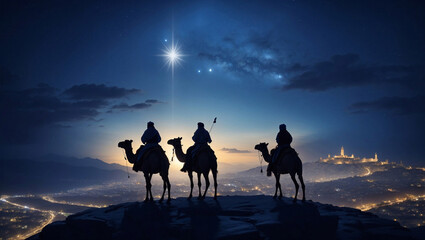 Three wise men traveling to Bethlehem to see the baby Jesus. - obrazy, fototapety, plakaty